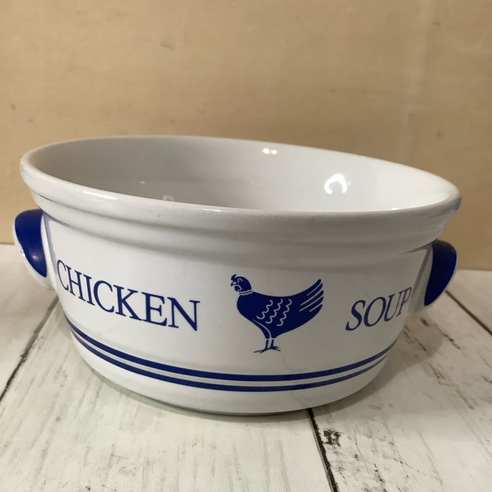 Vintage 1985 Chicken Soup Bowl FTD Korea Farmhouse Get Well Gift Blue White